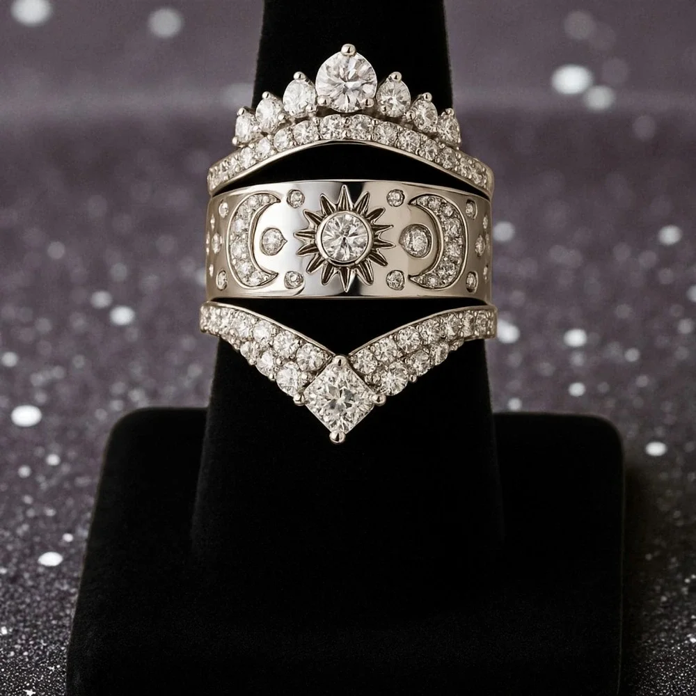 New sz 8 Trio ring set 3 pcs Silver Sun Moon Crown Ring Fashion Celestial